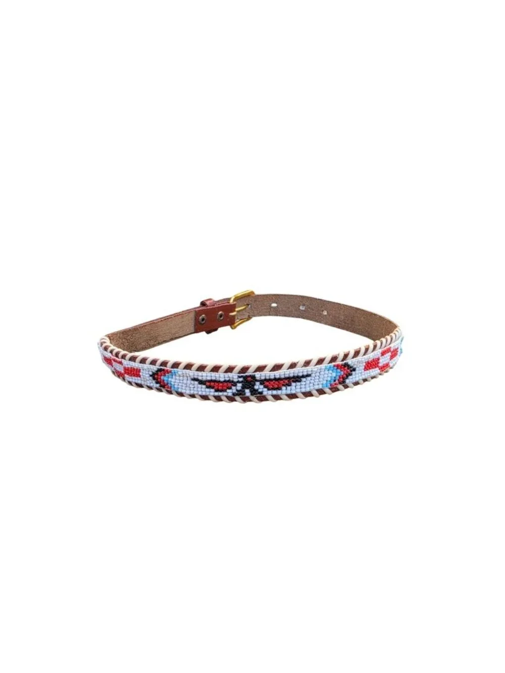 Vintage Kids Beaded Leather Western Belt Thunderbird Size 22 Southwestern